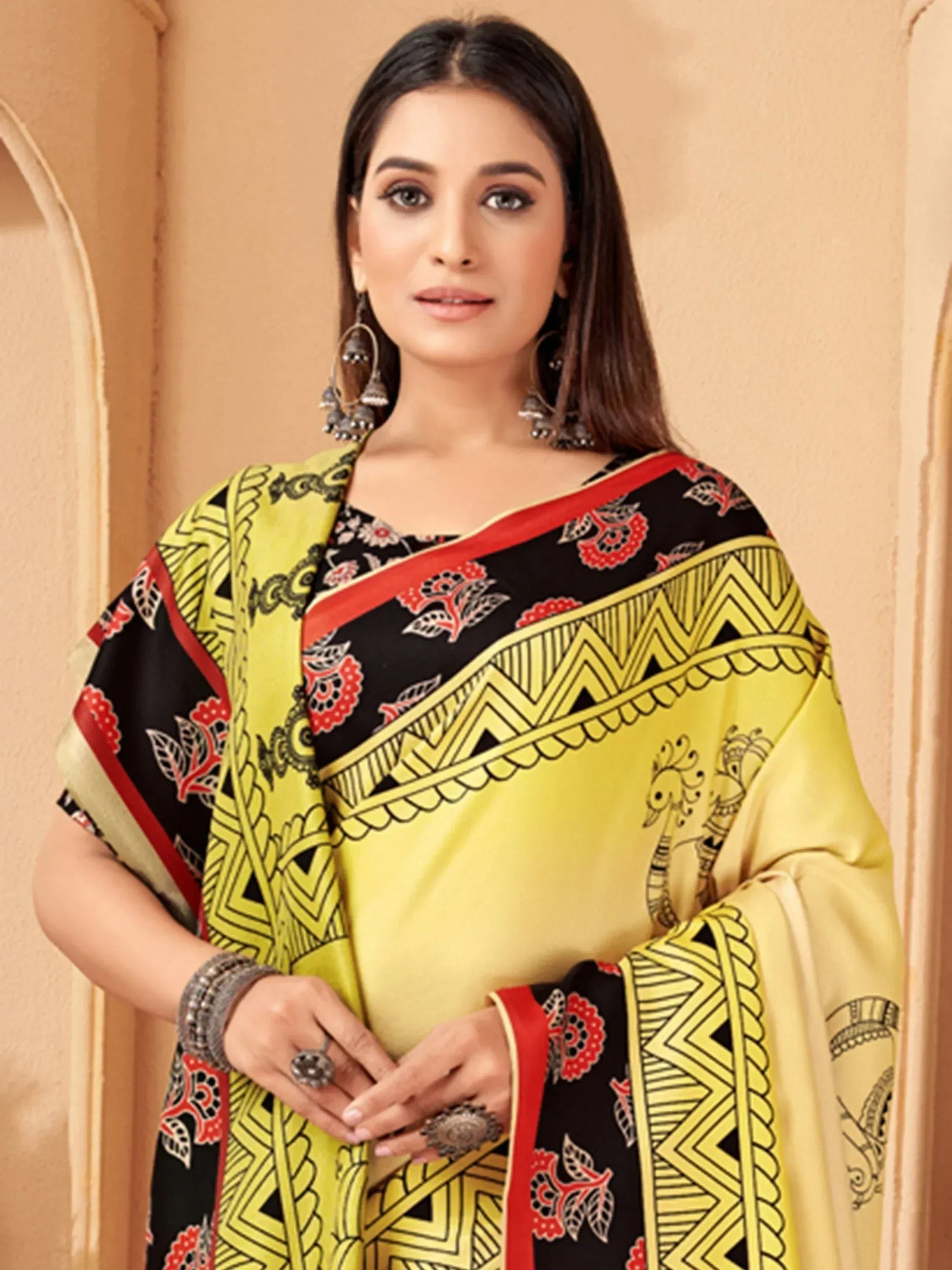 Yellow and black printed saree with red border, ethnic Indian wear, peacock motifs, traditional design