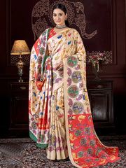 Attractive Cream Digital Printed Pashmina Festival Wear Saree With Shawl