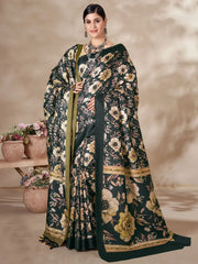 Beautiful Black Floral Printed Pashmina Traditional Saree With Shawl