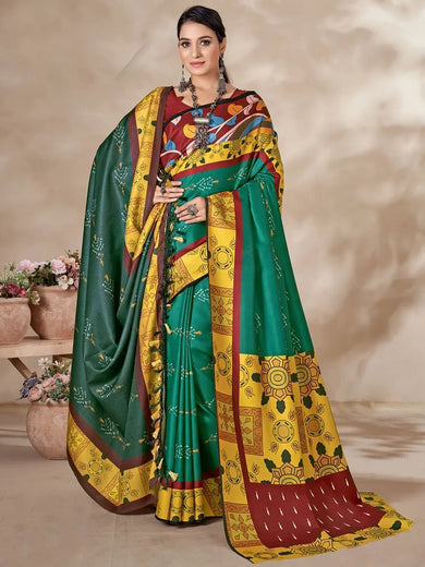 Lovely Teal Green Digital Printed Pashmina Winter Wear Saree With Shawl