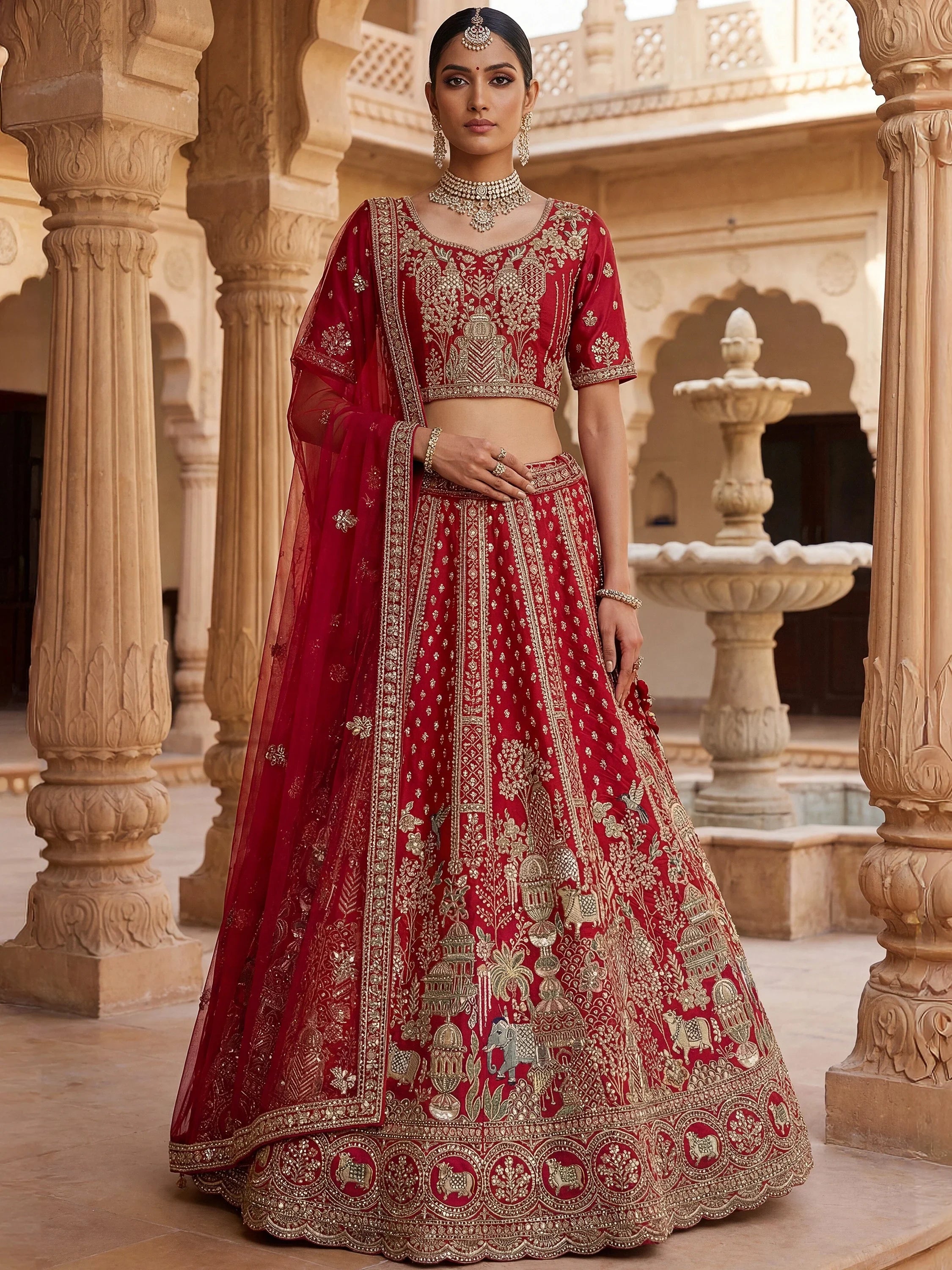 Elegant Red Embroidered Silk Bridal Lehenga Choli With Double Dupatta