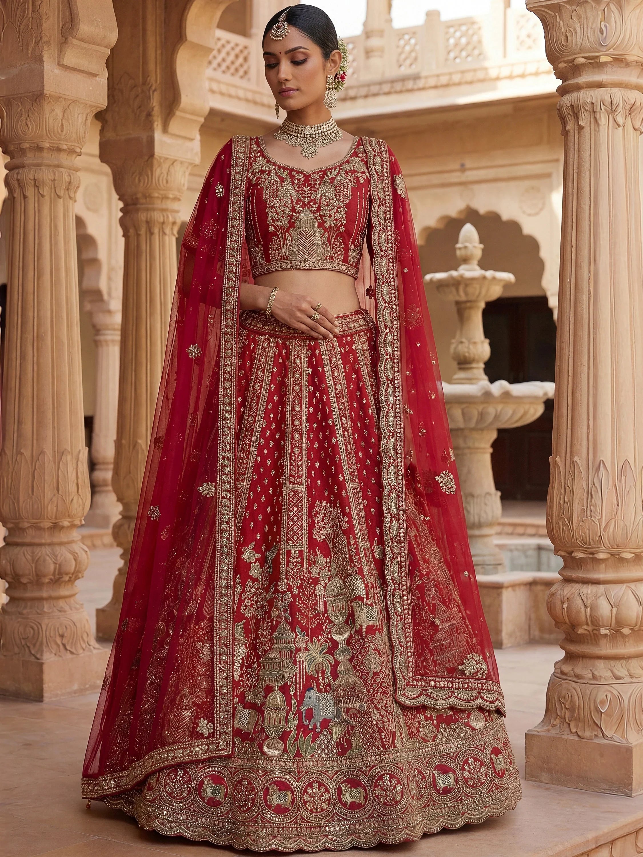 Elegant Red Embroidered Silk Bridal Lehenga Choli With Double Dupatta