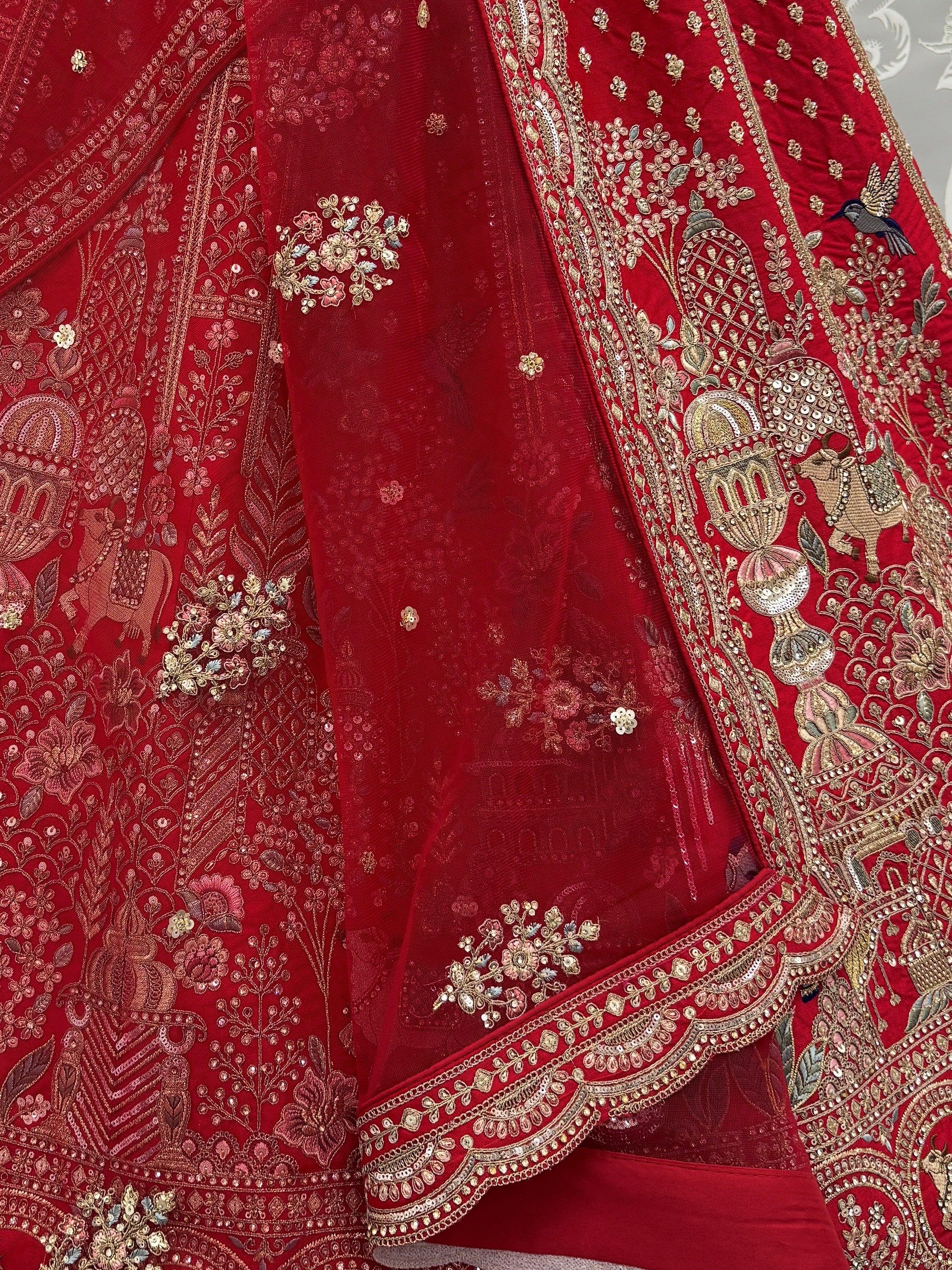 Elegant Red Embroidered Silk Bridal Lehenga Choli With Double Dupatta