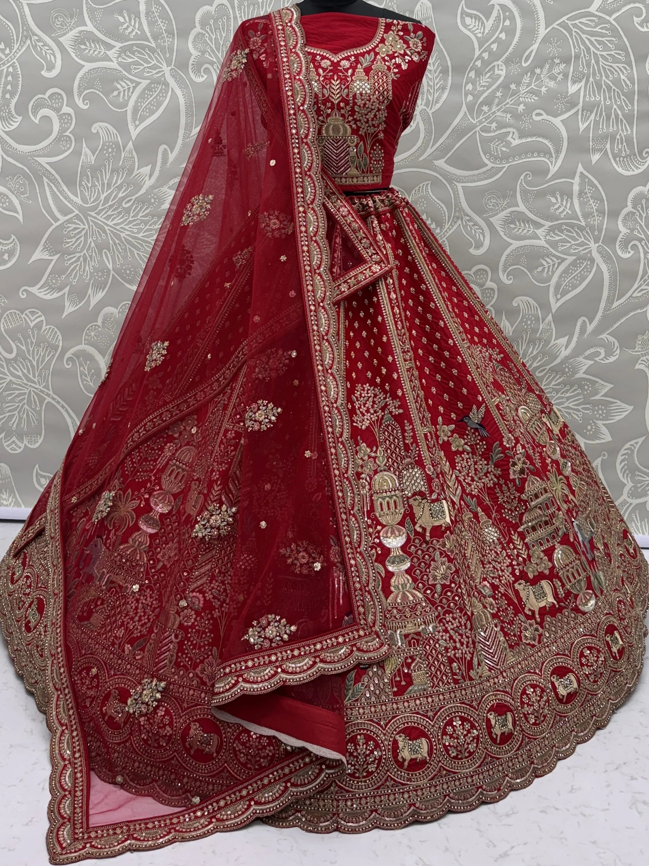Elegant Red Embroidered Silk Bridal Lehenga Choli With Double Dupatta