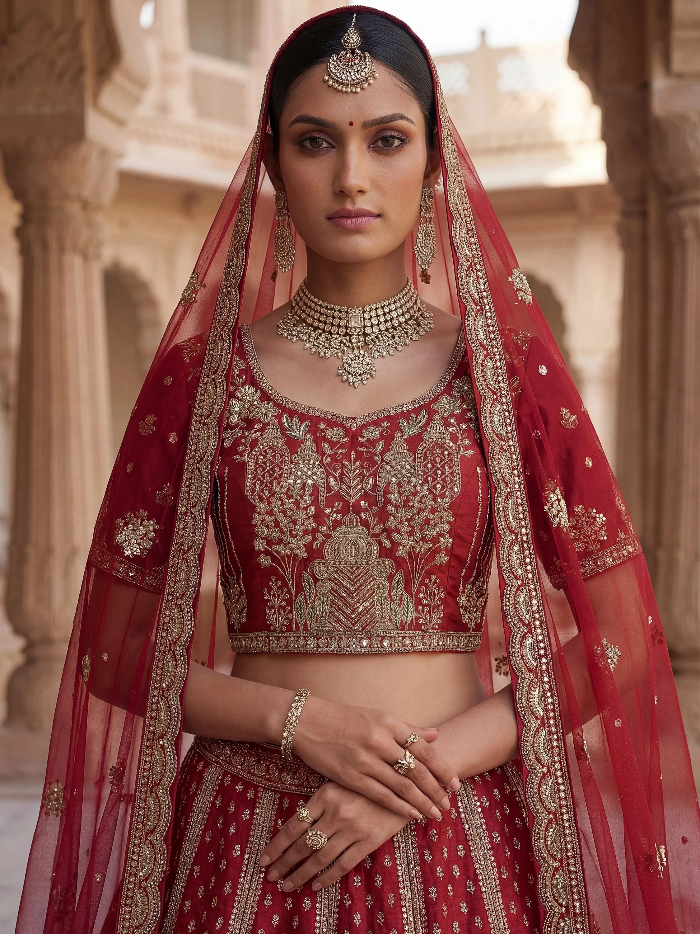 Elegant Red Embroidered Silk Bridal Lehenga Choli With Double Dupatta