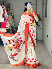 Striking White Printed Silk Traditional Saree With Printed Blouse