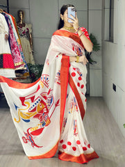 Striking White Printed Silk Traditional Saree With Printed Blouse
