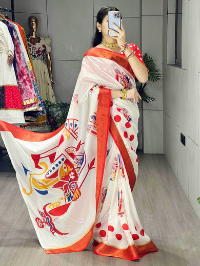 Striking White Printed Silk Traditional Saree With Printed Blouse