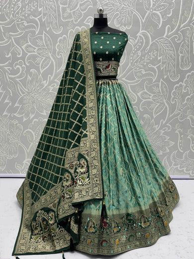 Charming Emerald Green Satin Lehenga Choli With Banarasi Dupatta