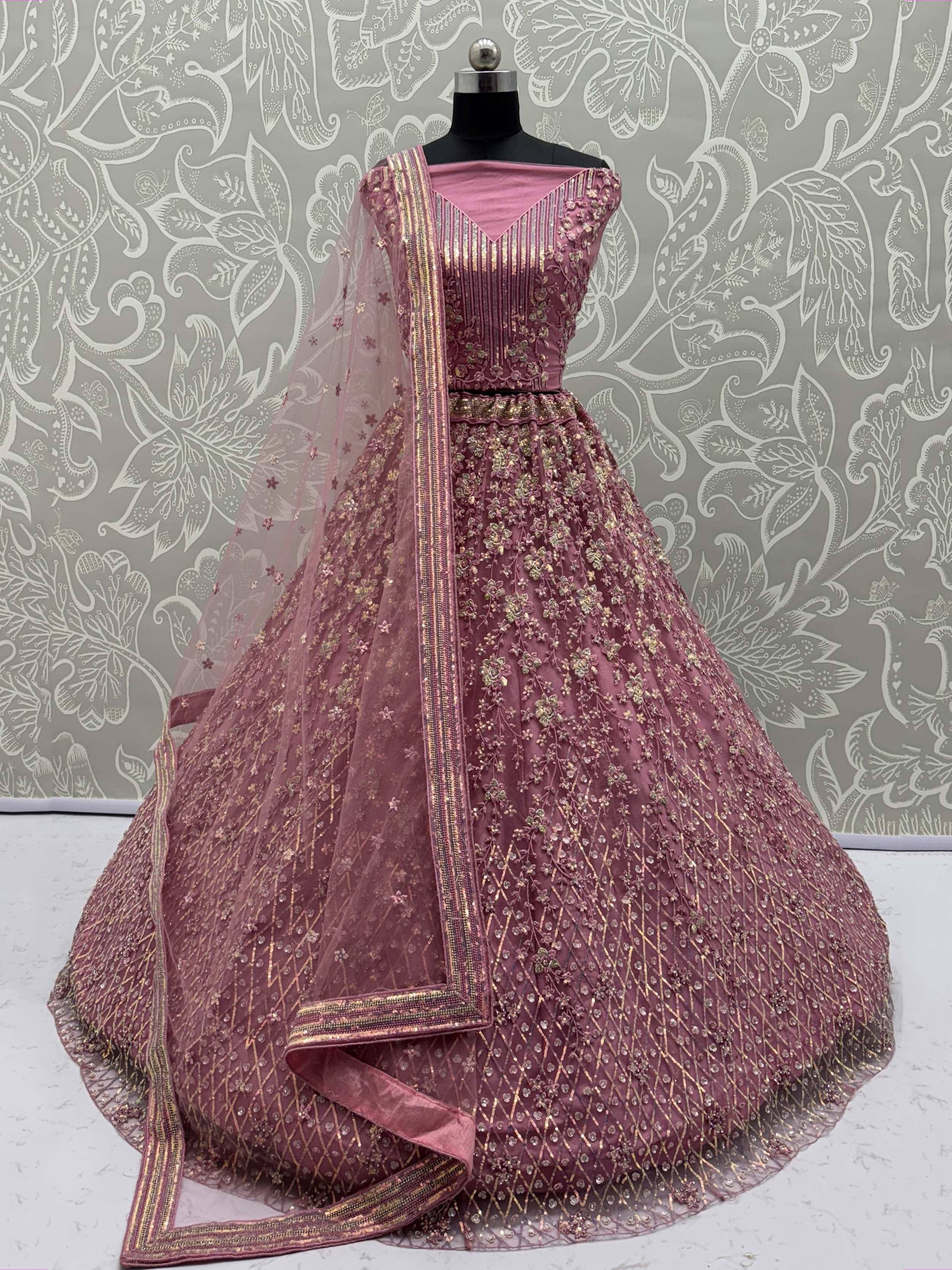 Dusty pink designer lehenga choli with gold embroidery and net dupatta, ethnic Indian wear