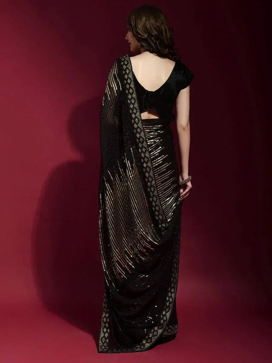 Black sequin saree with geometric border, back view, ethnic wear for women