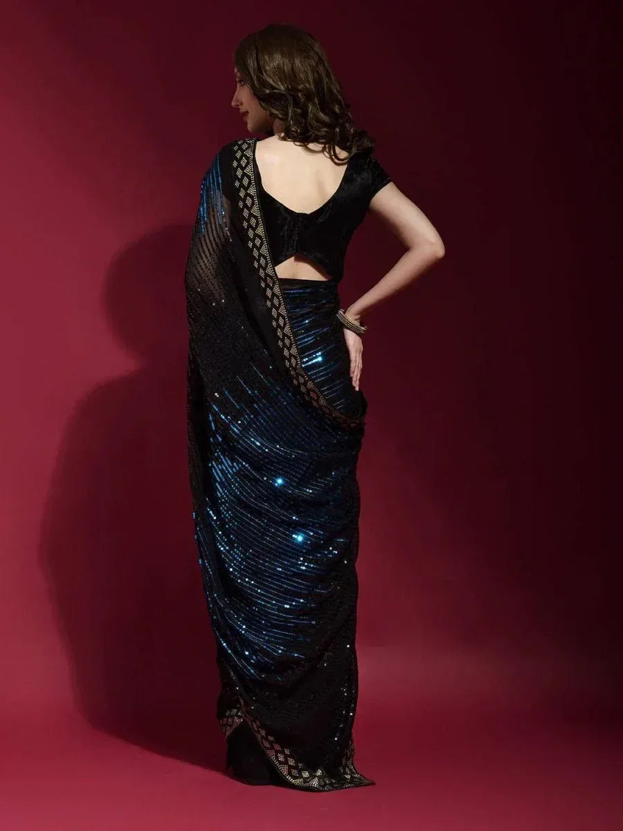 Black sequin saree with velvet blouse, ethnic Indian wear for women, perfect for parties and events
