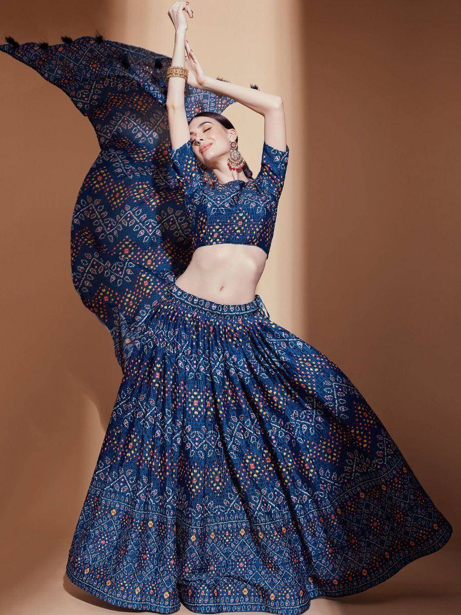 Blue printed lehenga choli with dupatta, ethnic Indian wear for women