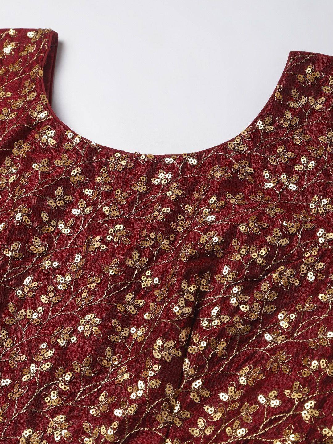 Maroon ethnic blouse with gold sequin floral embroidery, perfect for designer lehenga choli or saree sets.