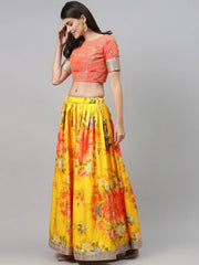 Yellow & Orange Embroidered Semi-Stitched Myntra Lehenga & Unstitched Blouse with Dupatta
