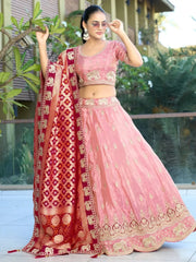 Beauteous Pink Embroidered Viscose Reception Wear Lehenga With Blouse - Ethnic Plus In