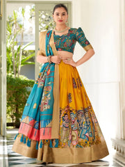 Beauteous Yellow Kalamkari Print Dola Silk Event Wear Lehenga Choli - Ethnic Plus In