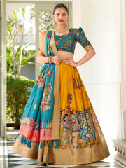 Beauteous Yellow Kalamkari Print Dola Silk Event Wear Lehenga Choli - Ethnic Plus In
