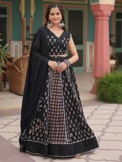 Beautiful Black Printed Rayon Navratri Wear Lehenga Choli With Dupatta - Ethnic Plus In