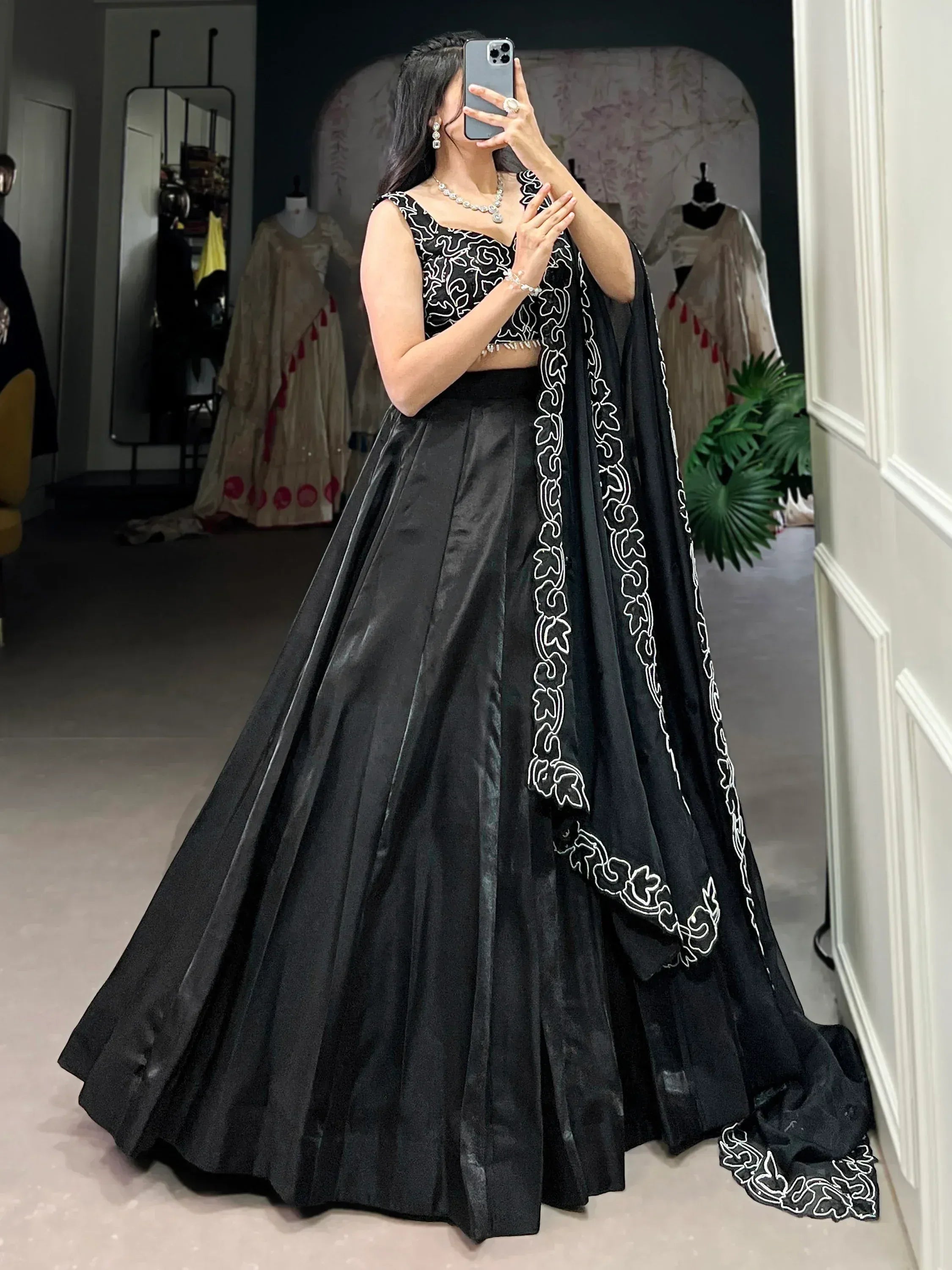 Black lehenga choli with white embroidery, ethnic wear for women, designer Indian outfit