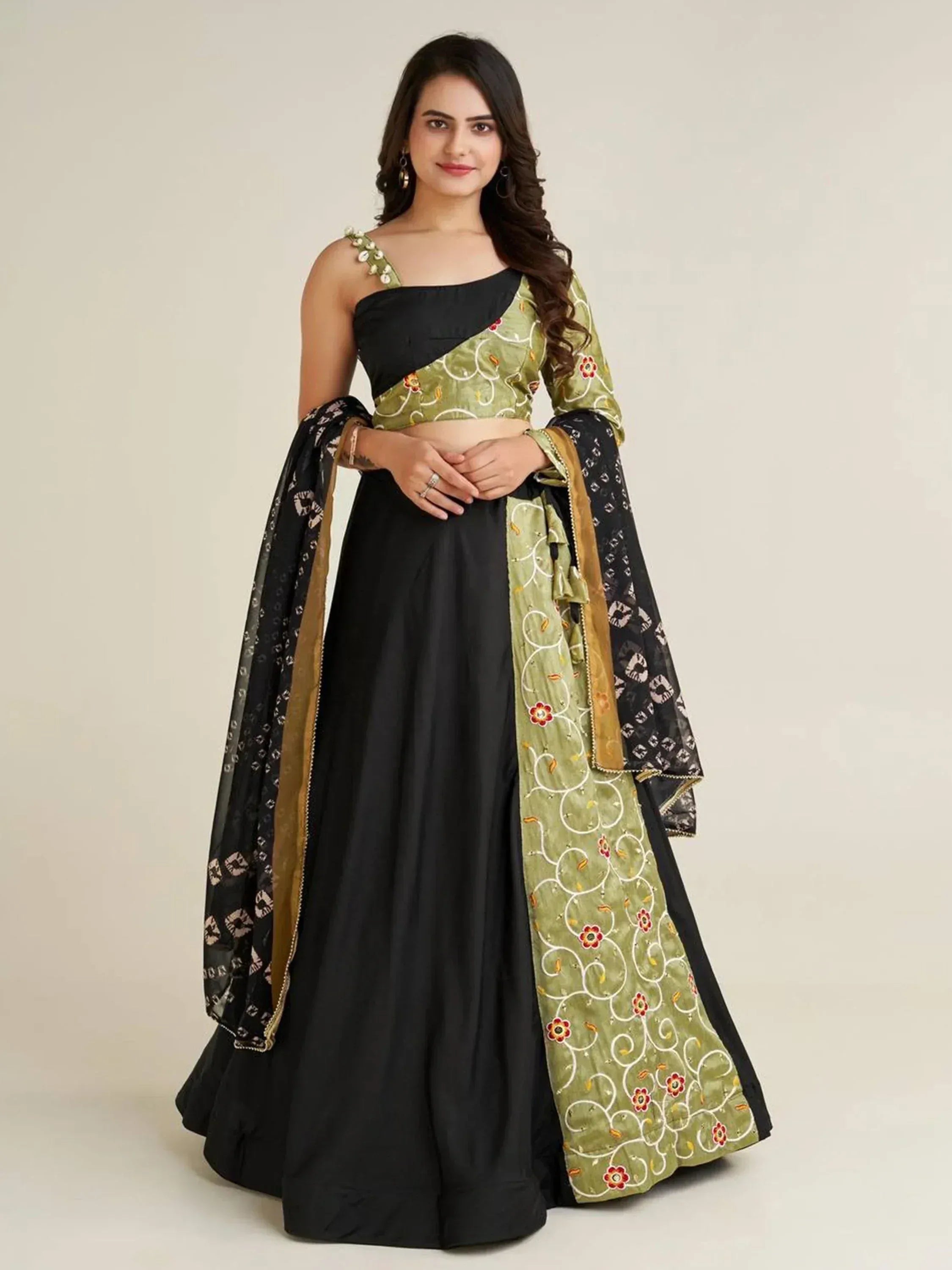 Black and olive green embroidered lehenga choli with floral dupatta, Indian ethnic wear