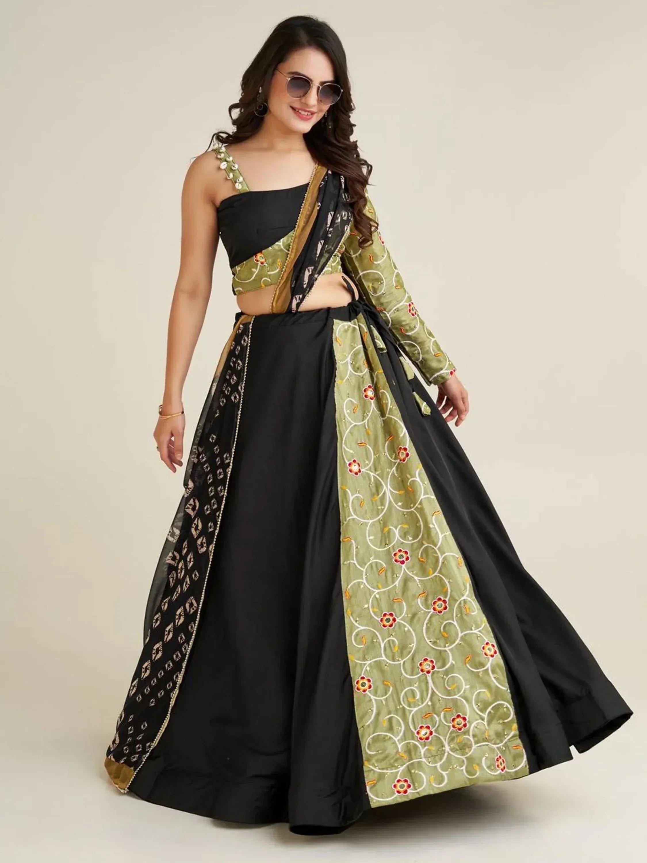 Black and olive green embroidered lehenga choli with floral dupatta, stylish Indian ethnic wear