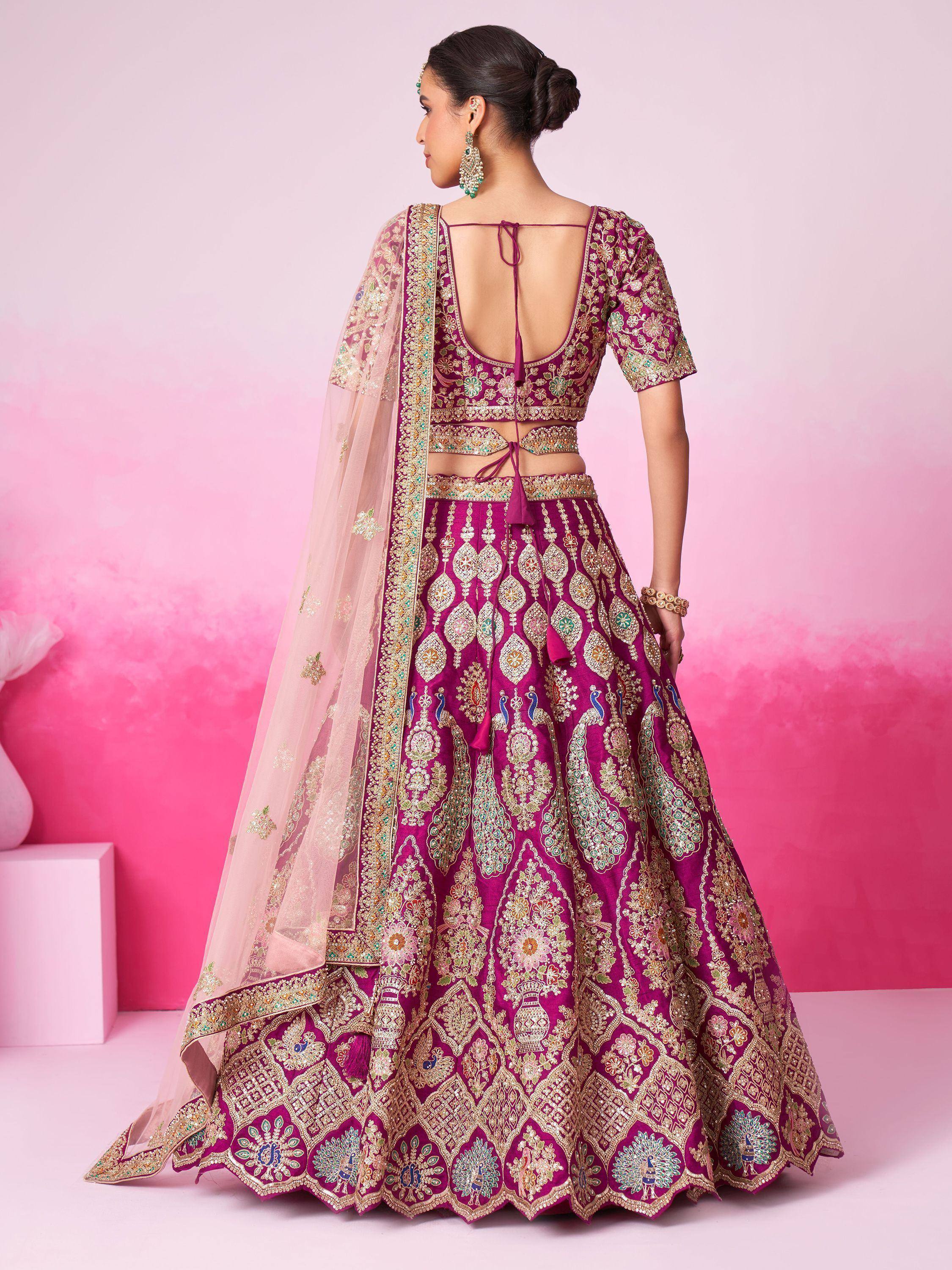 Purple embroidered lehenga choli with peacock motifs and sheer dupatta, Indian ethnic wear