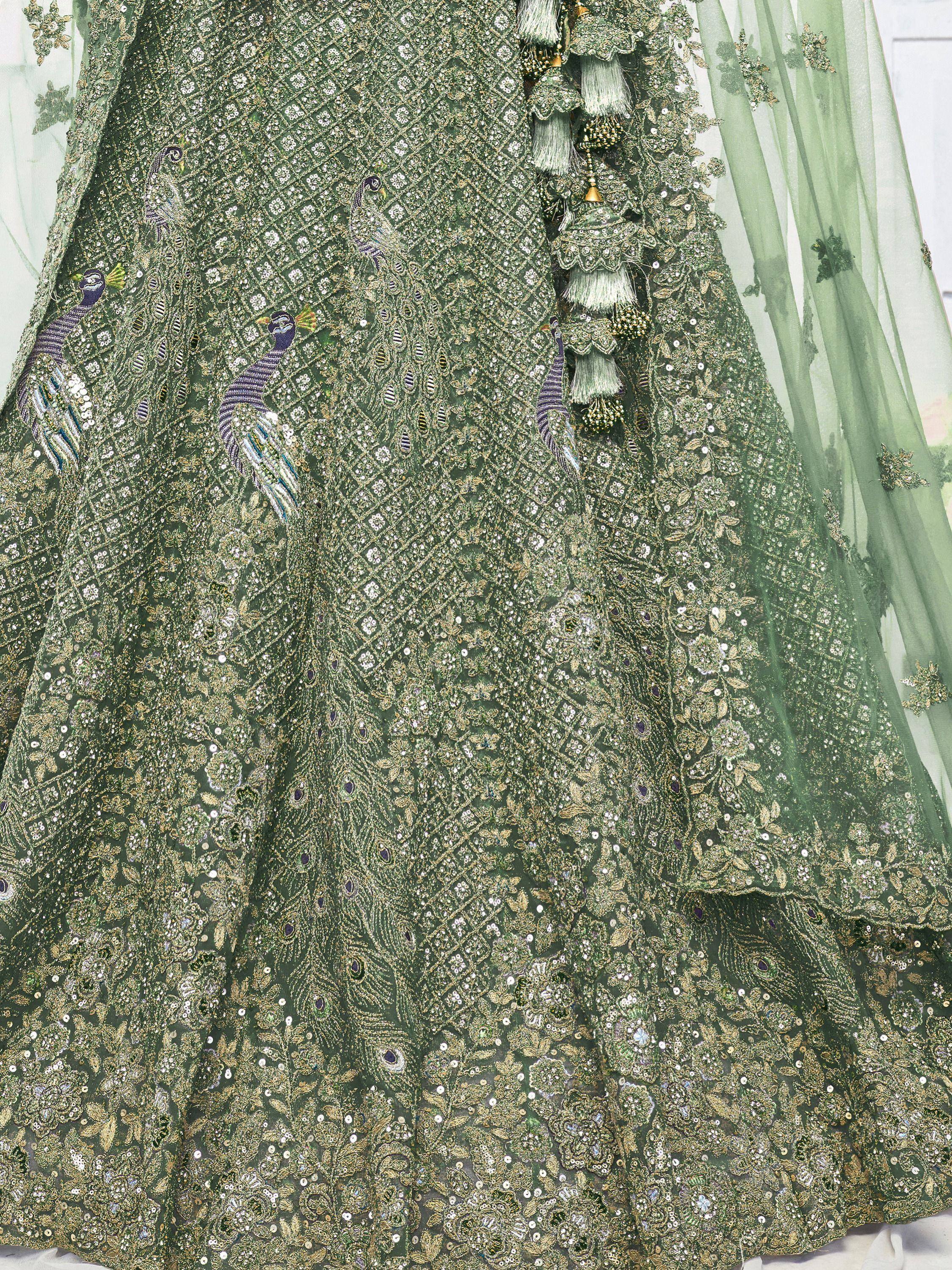 Green designer lehenga with peacock embroidery and sequin work, perfect for Indian ethnic wear