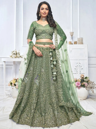 Beautiful Green Embroidered Net Bridesmaid Lehenga Choli With Dupatta - Ethnic Plus In