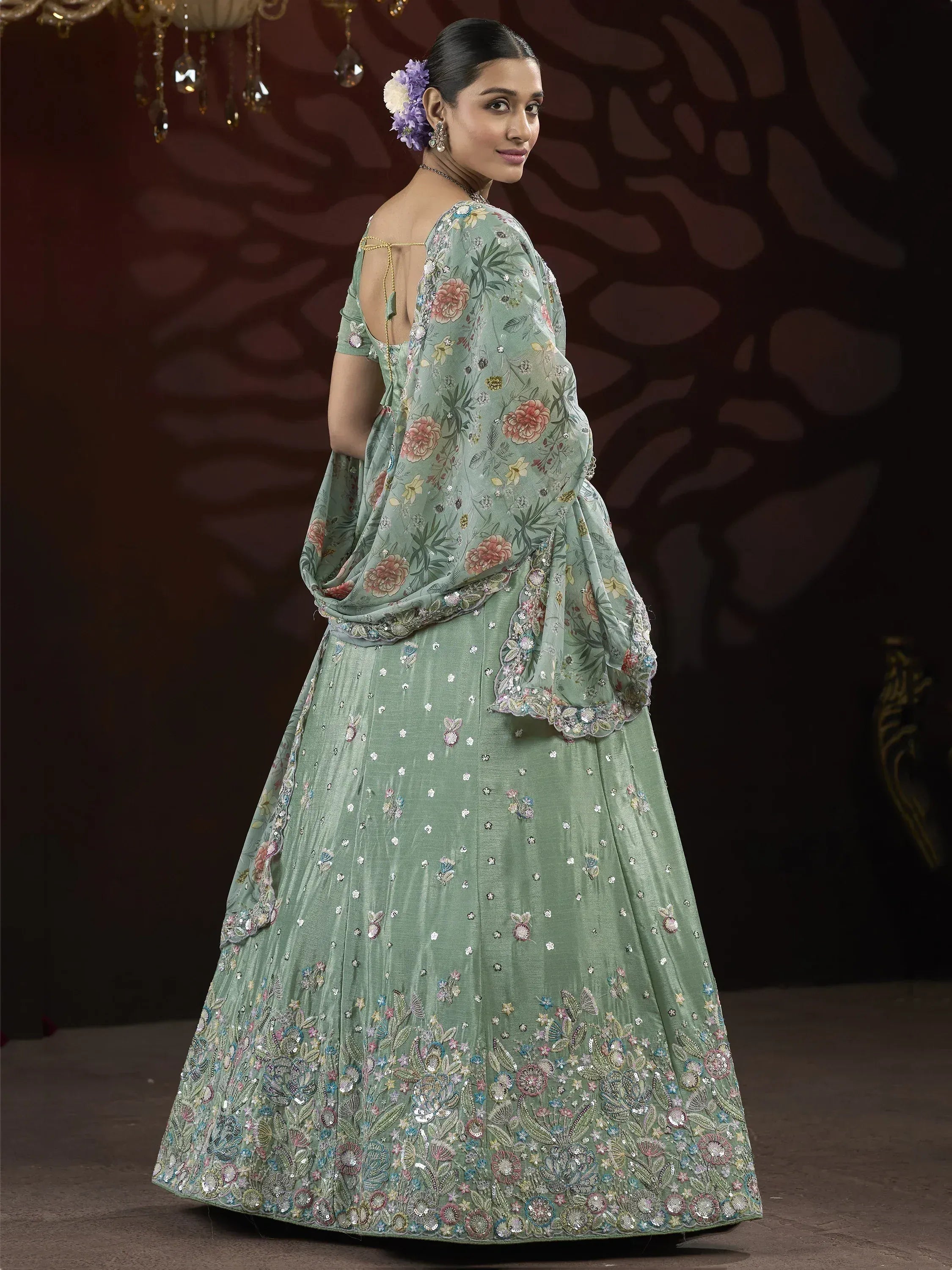 Mint green floral embroidered lehenga choli with sequin work, perfect for Indian ethnic wear occasions