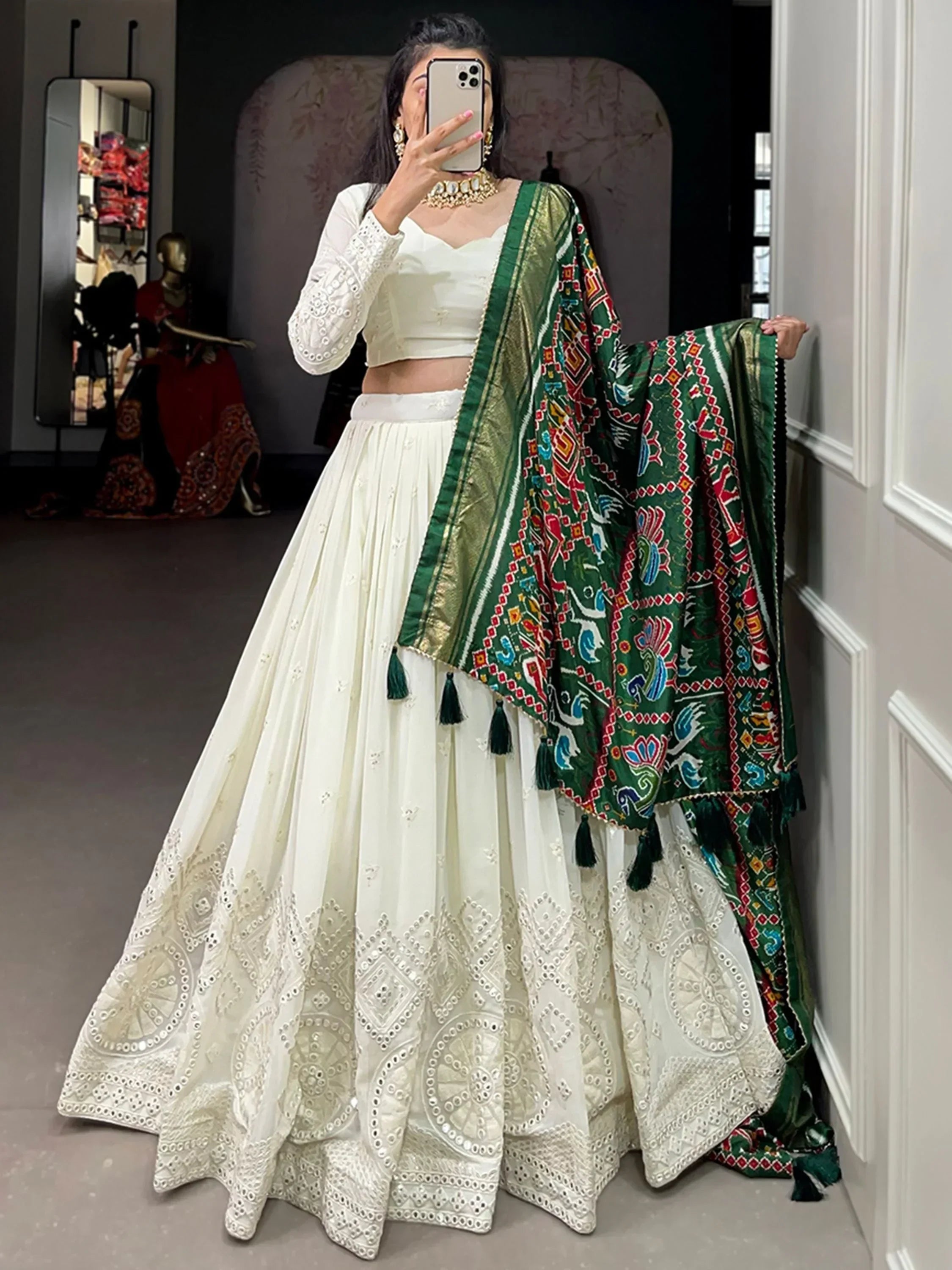 Beautiful Green Mirror Work Georgette Festival Wear Lehenga Choli - Ethnic Plus In