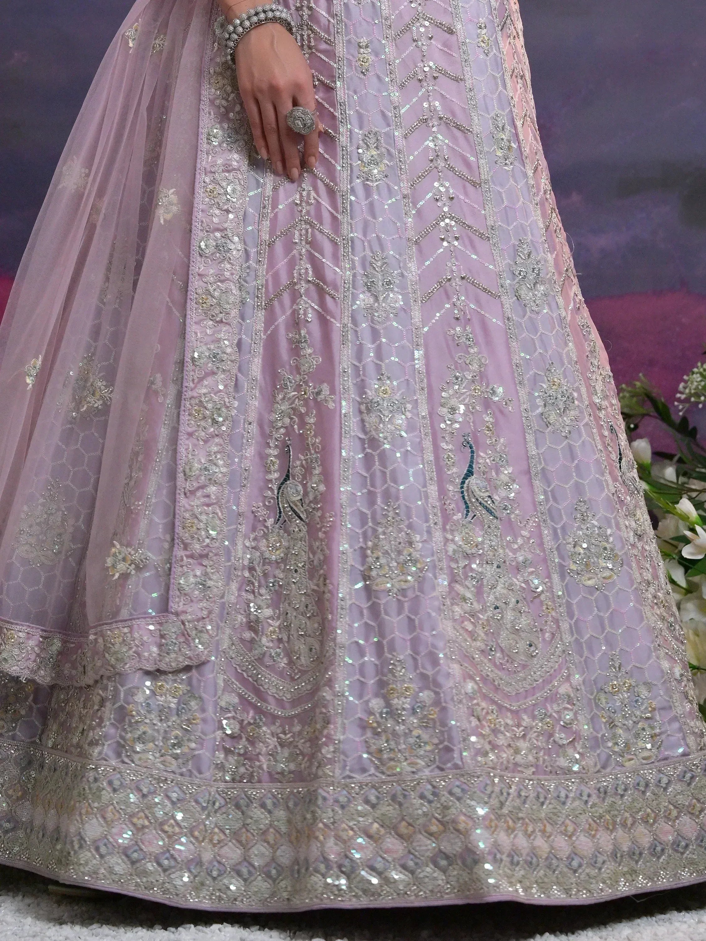 Pink designer lehenga with peacock embroidery and sequin work for Indian ethnic wear