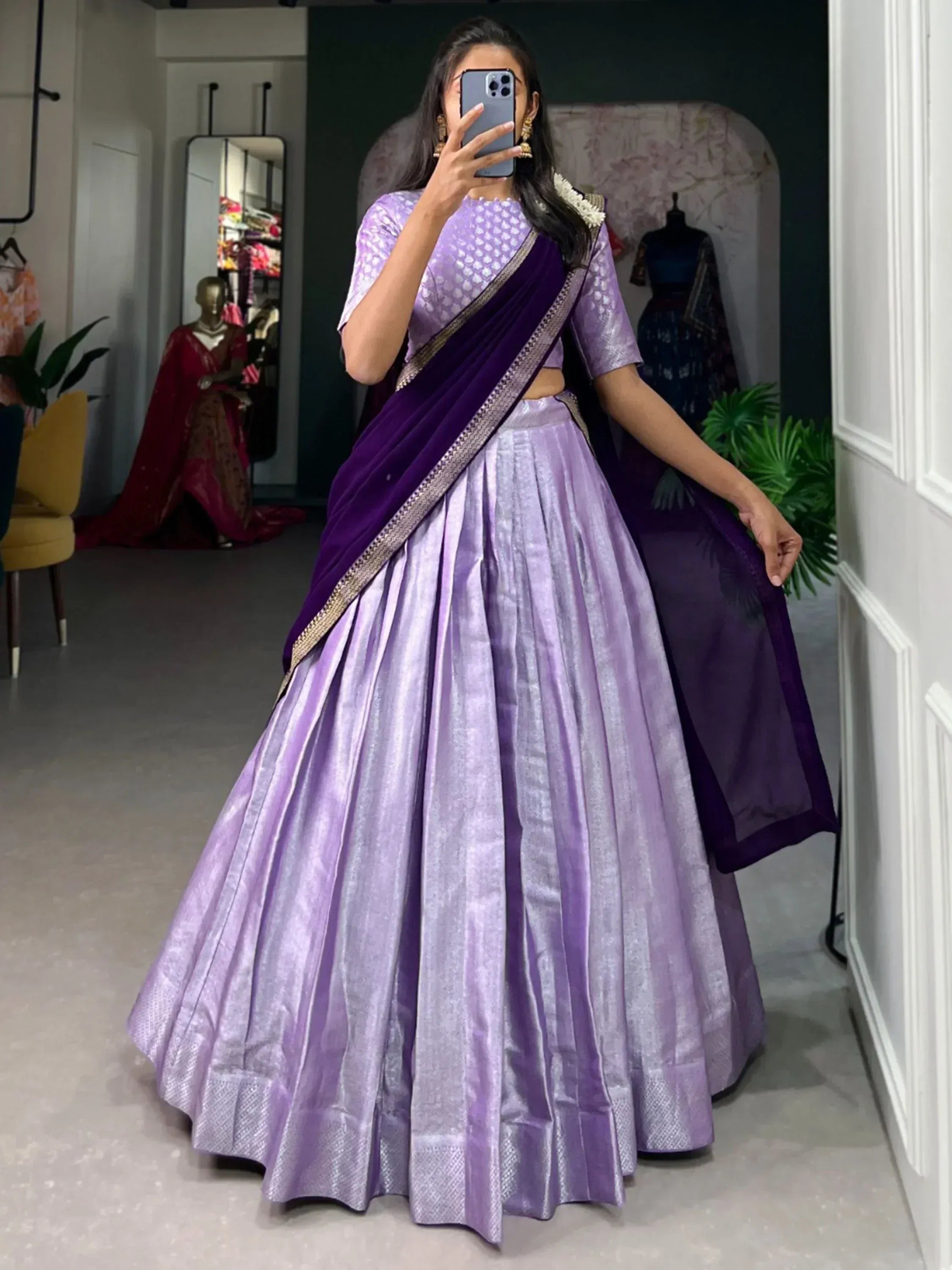 Purple designer lehenga choli with velvet dupatta, ethnic Indian wear for weddings and parties