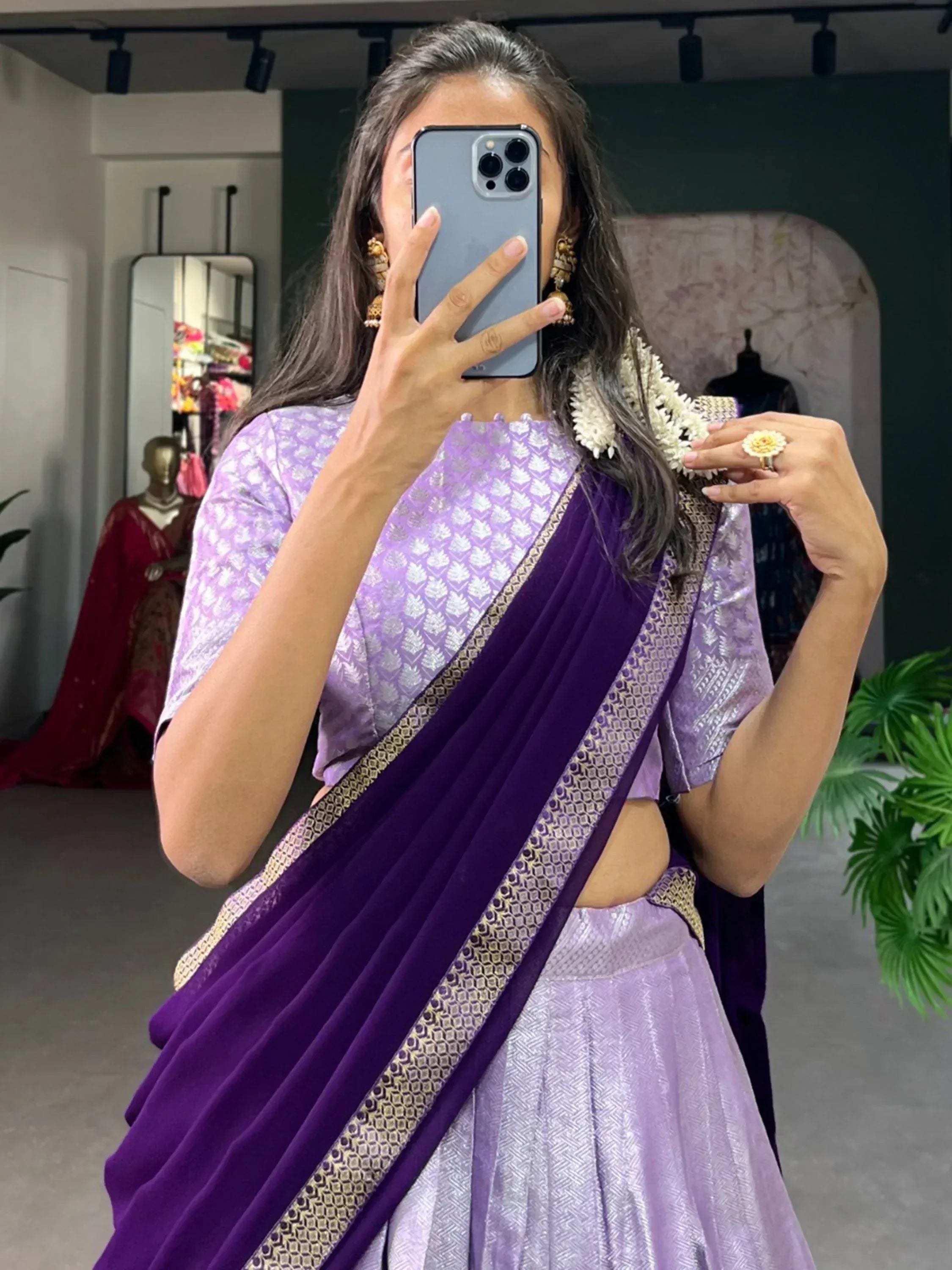 Purple velvet saree with gold border, paired with printed blouse, perfect for Indian ethnic occasions