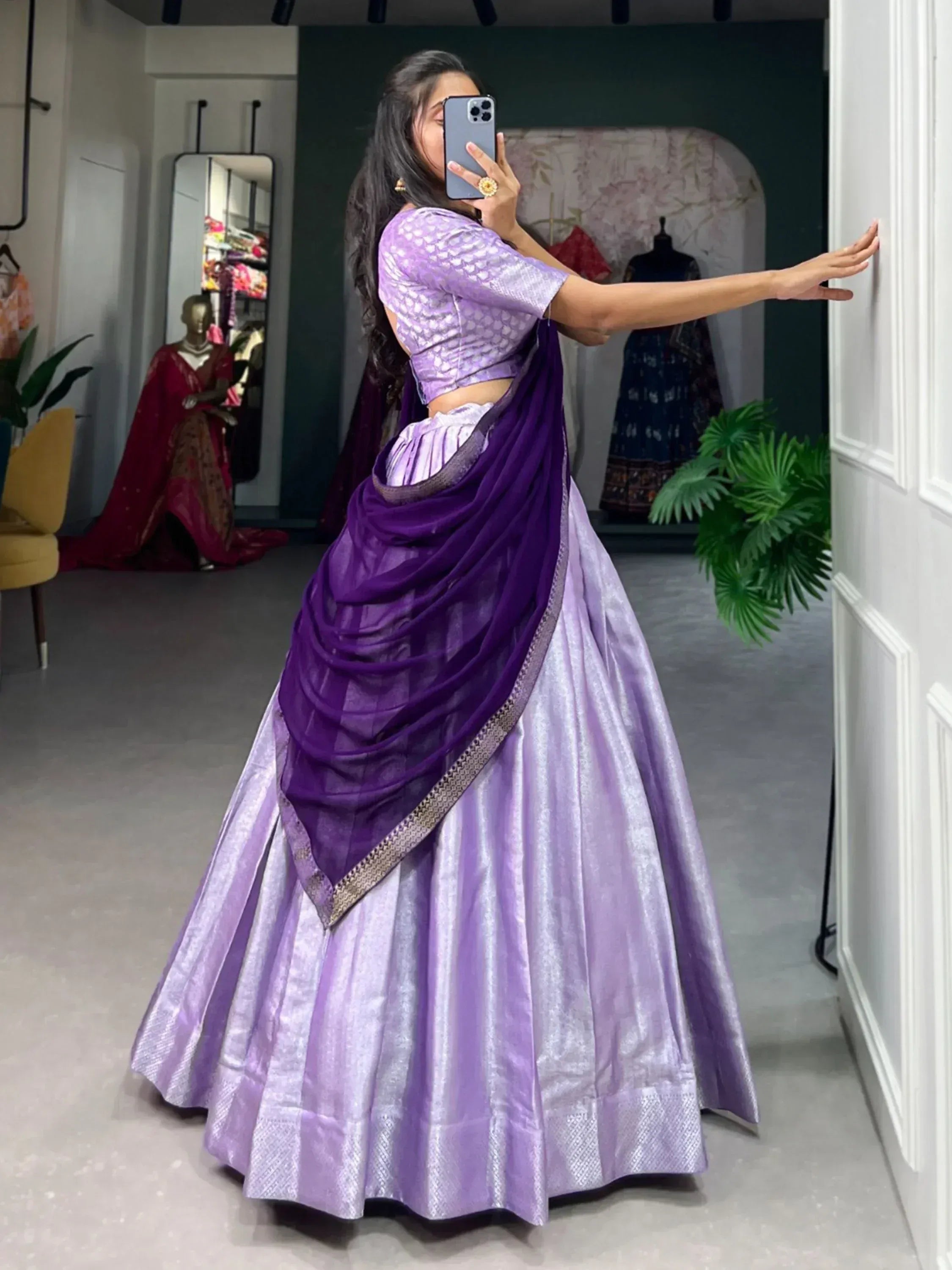 Purple designer lehenga choli with matching dupatta, perfect for Indian ethnic wear occasions