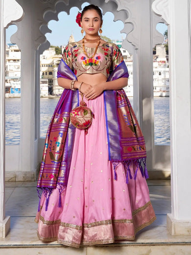 Beautiful Light Pink Zari Weaving Silk Festival Wear Lehenga Choli - Ethnic Plus In