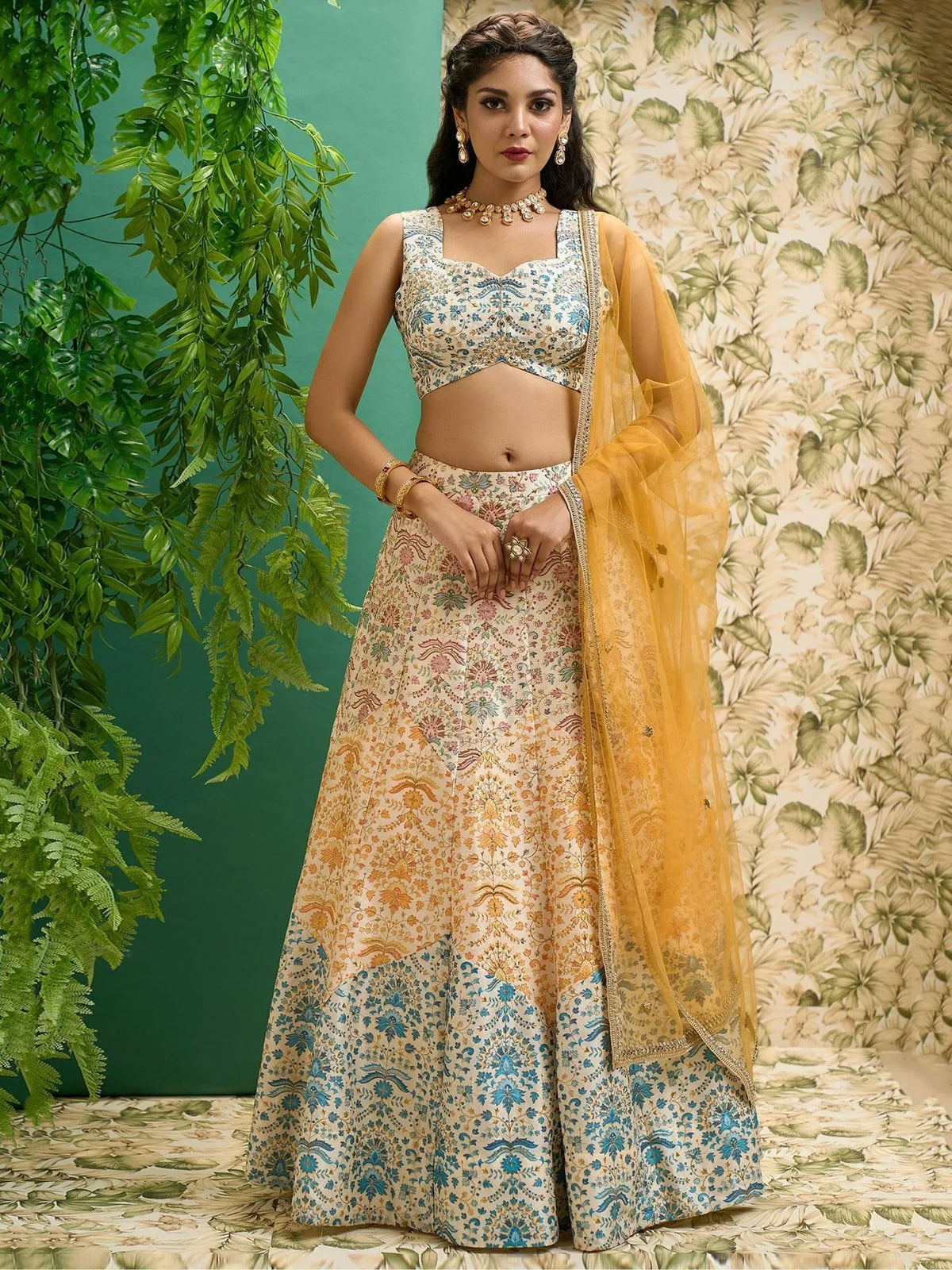 Floral print lehenga choli with yellow dupatta, Indian ethnic wear for women