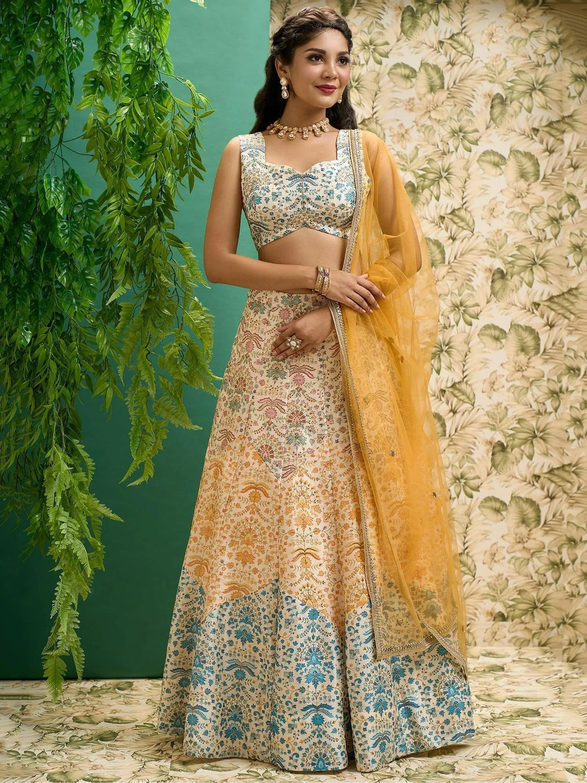 Floral print lehenga choli with yellow dupatta, Indian ethnic wear for women