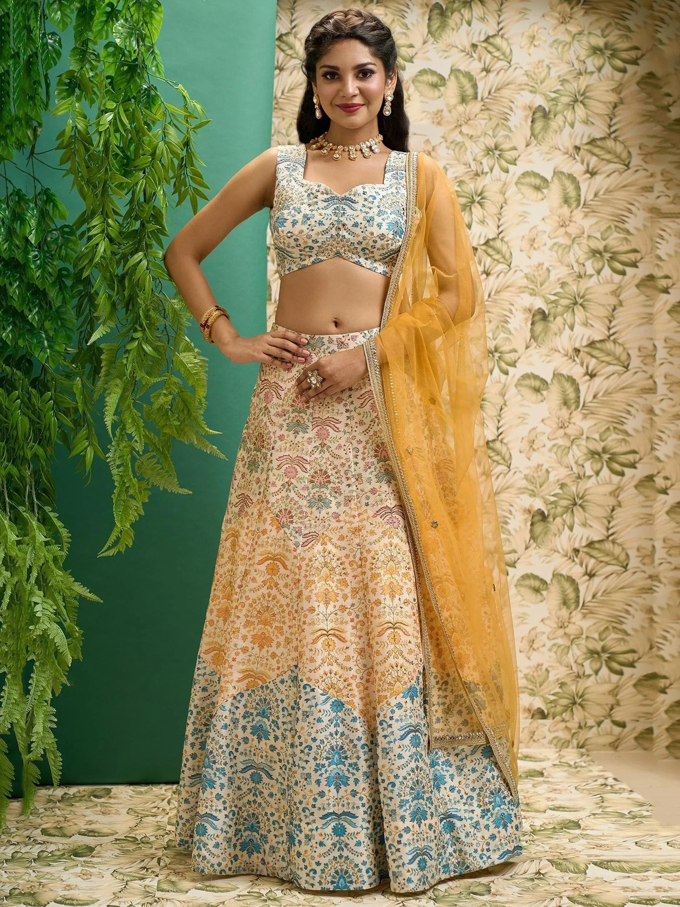 Floral print lehenga choli with yellow dupatta, ethnic Indian wear for women