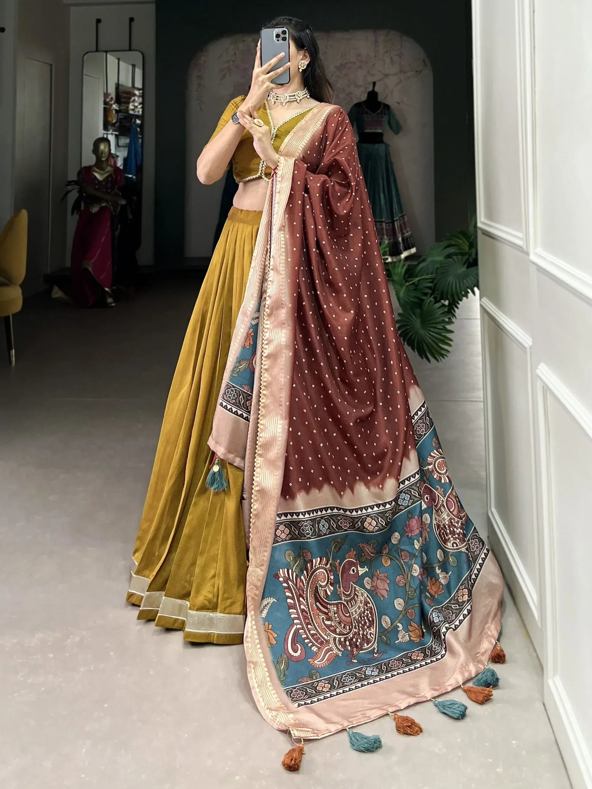 Mustard velvet lehenga choli with printed dupatta, Indian ethnic wear for women