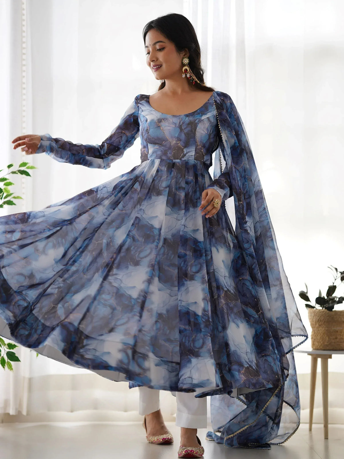 Blue marble print ethnic gown with flared skirt, perfect for Indian occasions and festive wear.