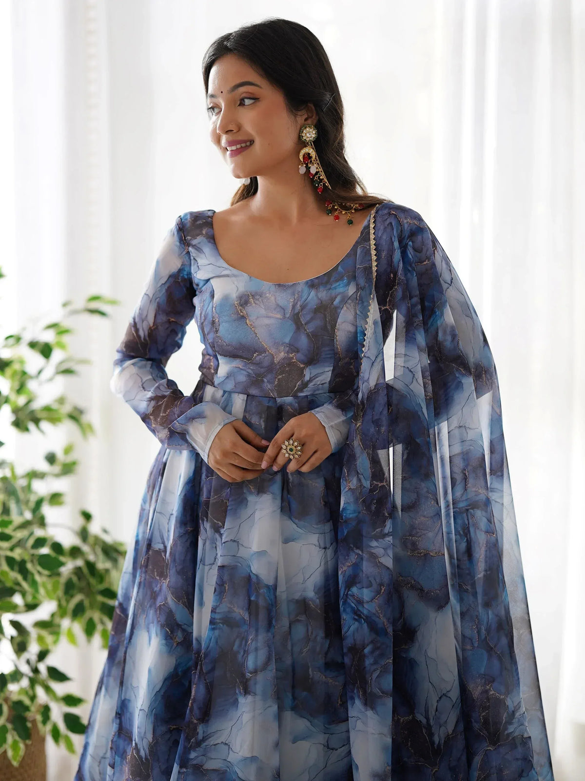 Blue marble print ethnic gown with gold detailing and sheer sleeves