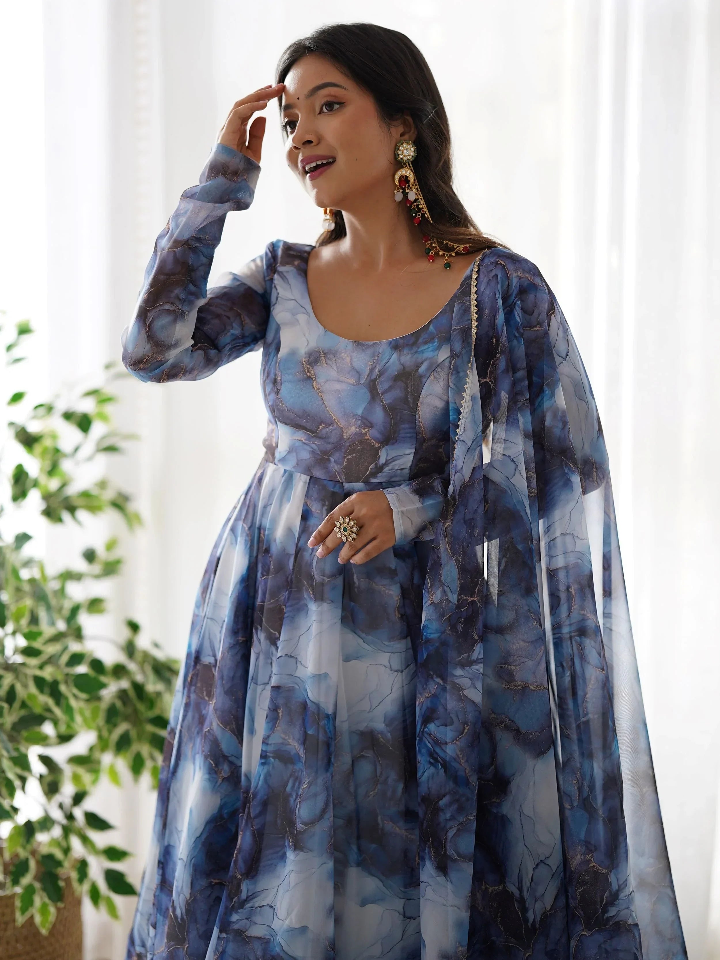 Beautiful Navy Blue Organza Digital Printed Anarkali Suit - Ethnic Plus In