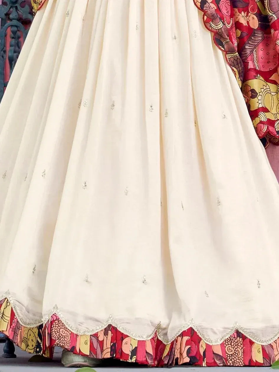 Cream embroidered lehenga with colorful printed border, Indian ethnic wear
