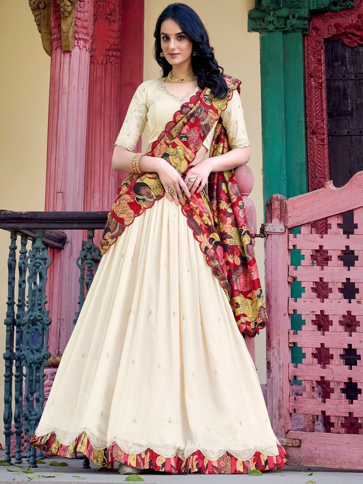Cream designer lehenga choli with red gold printed dupatta, ethnic Indian wear for women