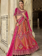Beautiful Orange Sequins Banarasi Silk Wedding Wear Lehenga Choli - Ethnic Plus In
