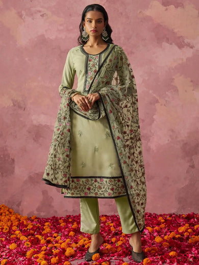 Beautiful Pastel Green Georgette Thread Embroidered Straight Suit - Ethnic Plus In