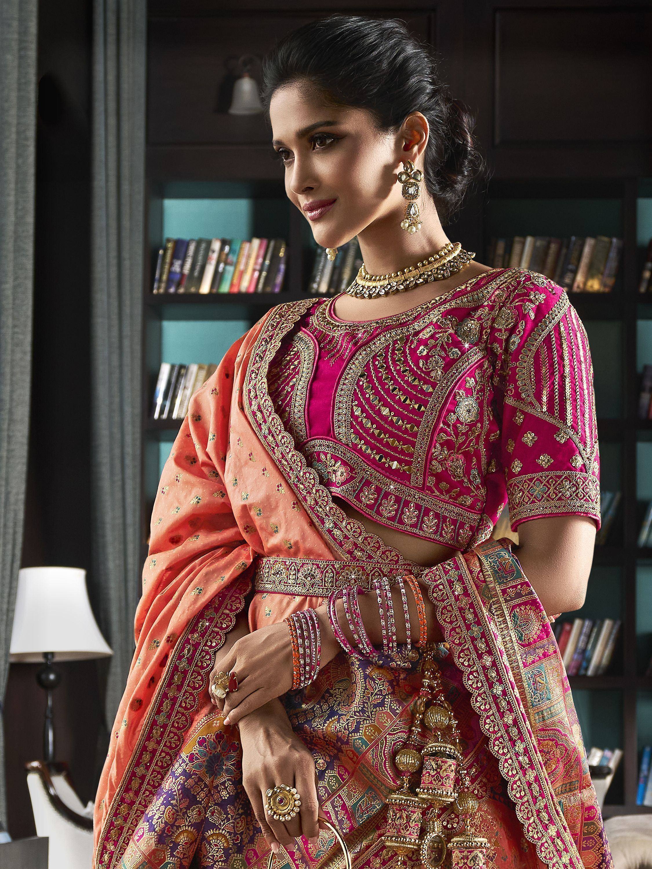 Elegant Indian lehenga choli with intricate gold embroidery, perfect for weddings and festive occasions.