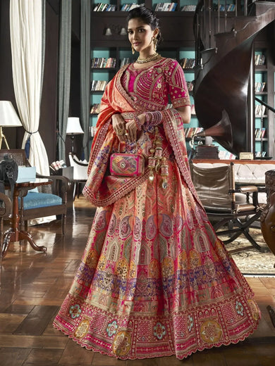 Beautiful Peach Embroidered Silk Bridal Lehenga Choli With Dupatta - Ethnic Plus In