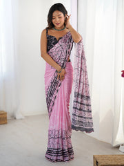 Beautiful Pink Chinon Digital Printed Saree With Blouse - Ethnic Plus In